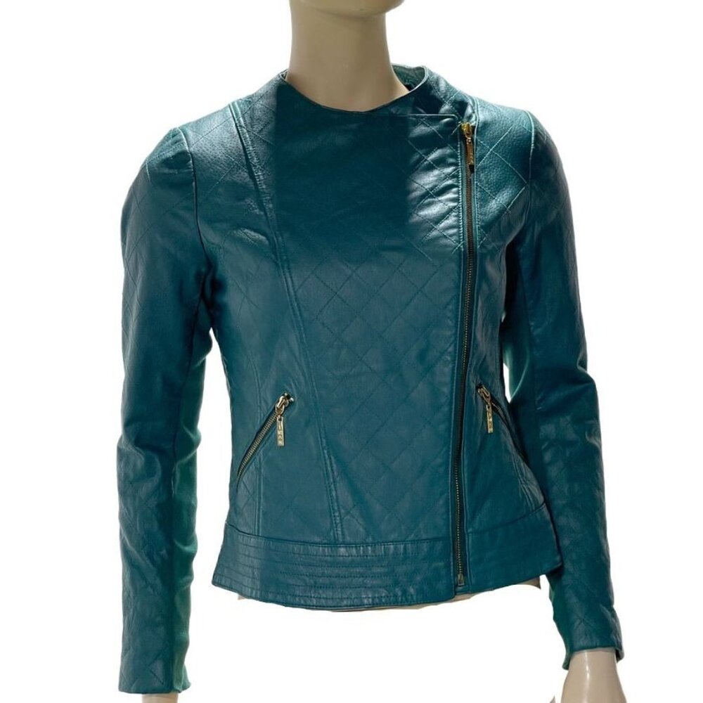 Iman Teal Leather Asymmetrical Moto Jacket XS Zipper Pockets Womens Size Small